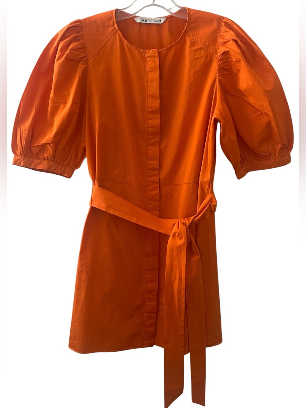 Zara Women’s Size Large Orange Puff Sleeve Poplin Dress Stained Belt